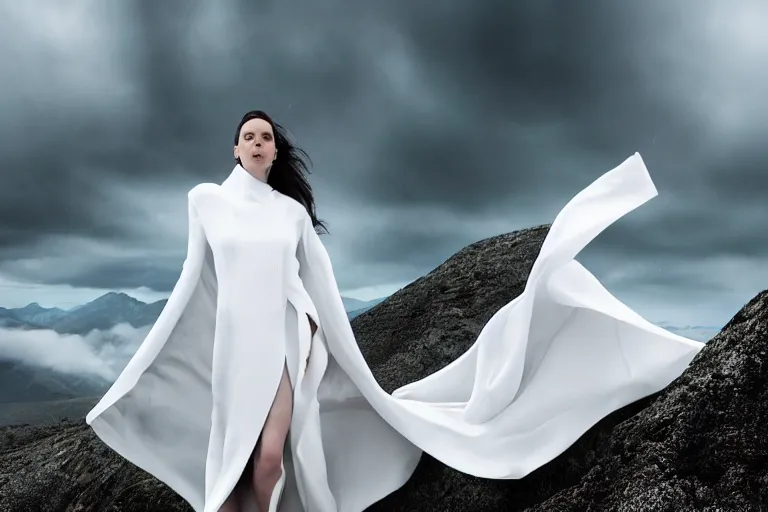 Image similar to a cinematic bust portrait of a beautiful model woman wearing long white futuristic coat, on the top of a mountain, large diffused light, neon light, 4 k, ultra realistic, dramatic lighting, rain, clouds, fog, vogue, fashion, glamour, magazine spread, by marco mazzoni and jessica rossier