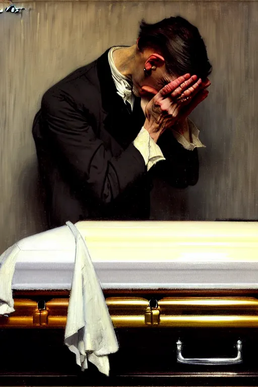 Prompt: a sad man mourning over a casket by alfred stevens and sherree valentine daines and sydney prior hall and norman rockwell, casket, grey cloth, highly detailed, deep shadows, accurate face, smooth blending, hyperrealism, dim lighting, candle, victorian, accurate fingers, crisp details