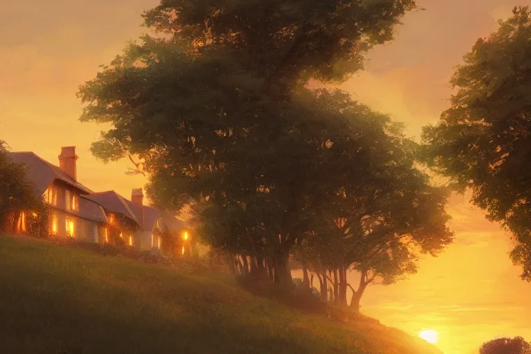 Image similar to sunset over the cottages in the shire, ghibli, artstation, award wining, rutkowski, shinkai