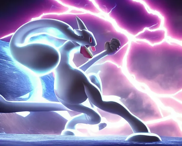 Prompt: mewtwo frieza epic battle, cgi render, lightning, beams of light, wide angle, highly detailed
