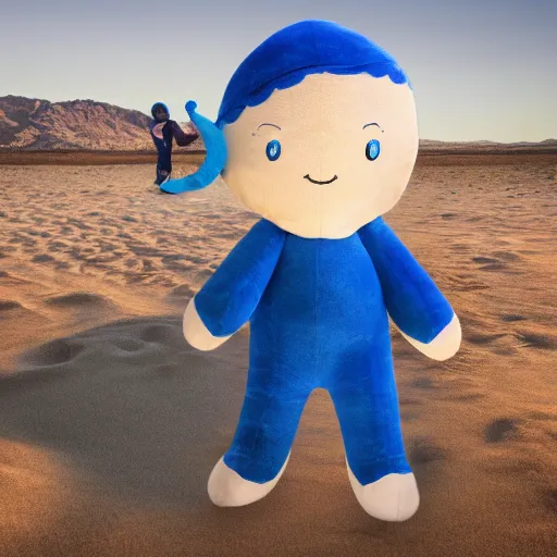 Image similar to blue'snappy gifts'human - sized plush doll, looking at the camera, in the desert, holding gift, happy atmosphere, high detail, 8 k