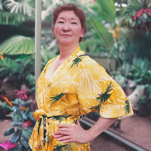 Prompt: Medium format portrait of a beautiful woman wearing a yellow kimono in a tropical greenhouse, she has a very detailed barn owl on her shoulder, ,graflex, 85mm f1.8, bokeh