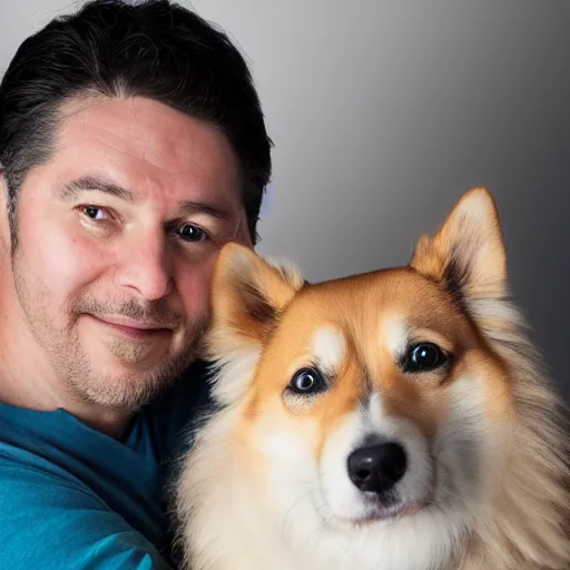 Prompt: studio portrait of a person with their pet dog that looks exactly like them, 8 k, ultra realistic