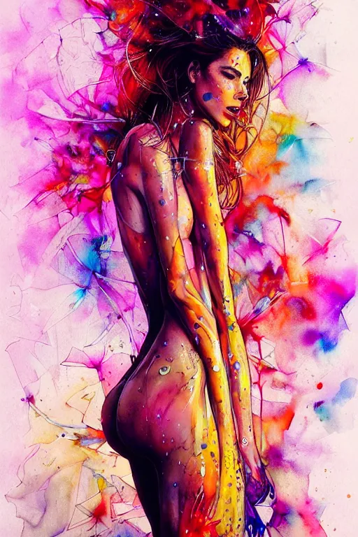 Image similar to sophia vergara by patrice murciano and agnes cecile and enki bilal moebius, intricated details, 3 / 4 back view, bendover posture, full body portrait, extremely luminous bright design, pastel colours, drips, autumn lights