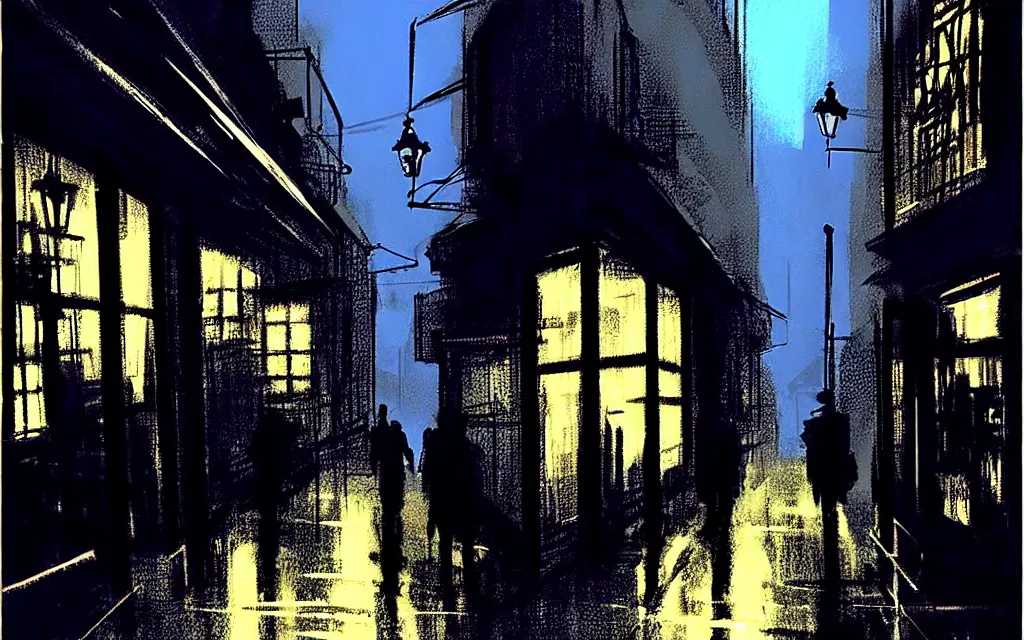 Prompt: !dream concept art, dark wet london alley at night, by ashley wood, by roger deakins, in the style of syd mead atmospheric