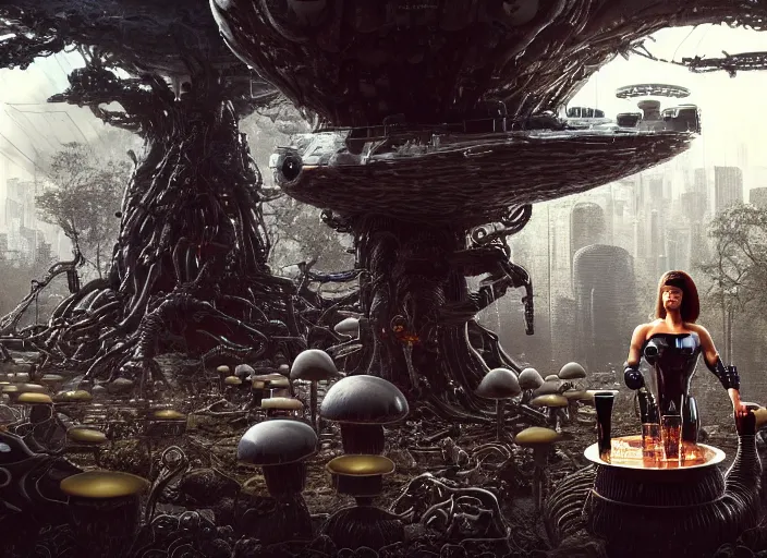 Image similar to photo of an intricate and sophisticated terminator woman with borg enhancements sitting on a giant mushroom in a weird magical forest and drinking a cup of tea. Very detailed 8k. Fantasy cyberpunk horror