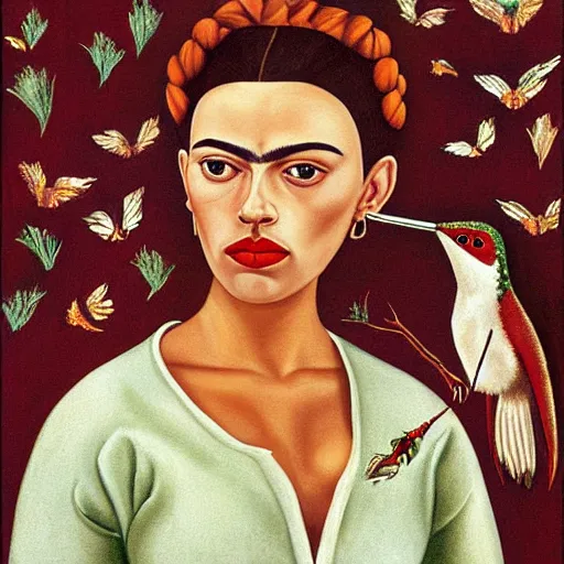 Image similar to painting Self-Portrait of scarlett johansson with Thorn Necklace and Hummingbird, by Frida Kahlo