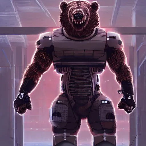 Prompt: danny trejo deadlifting a cyborg bear, cyberpunk style, concept art, trending on artstation