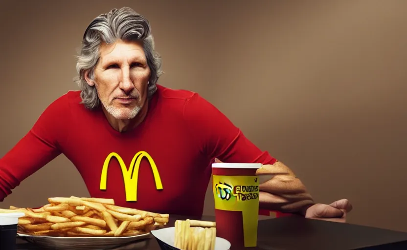 Prompt: roger waters bathing in mcdonald's french fries and burgers, realistic, hdr, clear image, hdd, dynamic lighting,