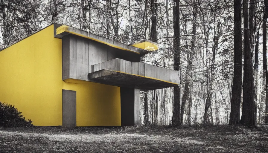 Prompt: architecture ad for a brutalist house in the middle of the wood. Film grain, cinematic, colorized, yellow hue.