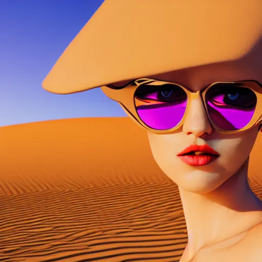 Prompt: innovative colorful avant-garde art, deco fashion, highly detailed, photorealistic portrait, serene desert setting, golden hour, crisp quality and light reflections, unreal engine 5 quality render