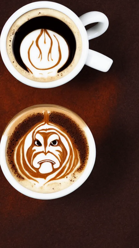 Image similar to a mug of coffee with a milk portrait of jar jar binks in it. style of latte foam art, with a focus on jar jar's floppy ears. color harmony, 8 k detail, gallery quality, hd wallpaper, premium prints available, hyper - detailed, intricate design.