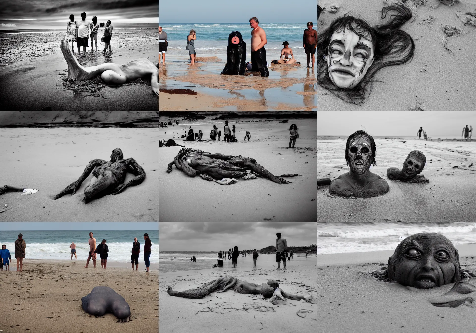 Prompt: photo portrait, a creepy creature washed up on the beach. the faces of the onlookers look uneasy.