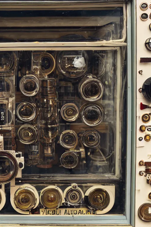 Image similar to a photo taken by someone who doesn't know how to use a camera, the most complex kodak camera ever made with vacuum tubes, capacitors and coils inside, through a dirty store window by Wes Anderson, grungy, weathered Ultra detailed, hyper realistic, 4k