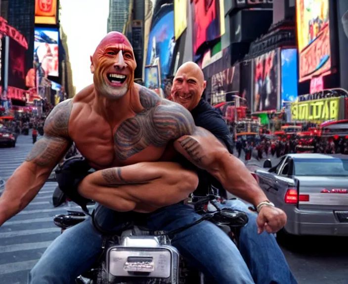 Image similar to Dwayne the Rock Johnson riding on the back of Adam Sandler, doing Methamphetamine at Times Square, photograph by Alfred Eisenstaedt, 4K, dramatic lighting; 4K 8K
