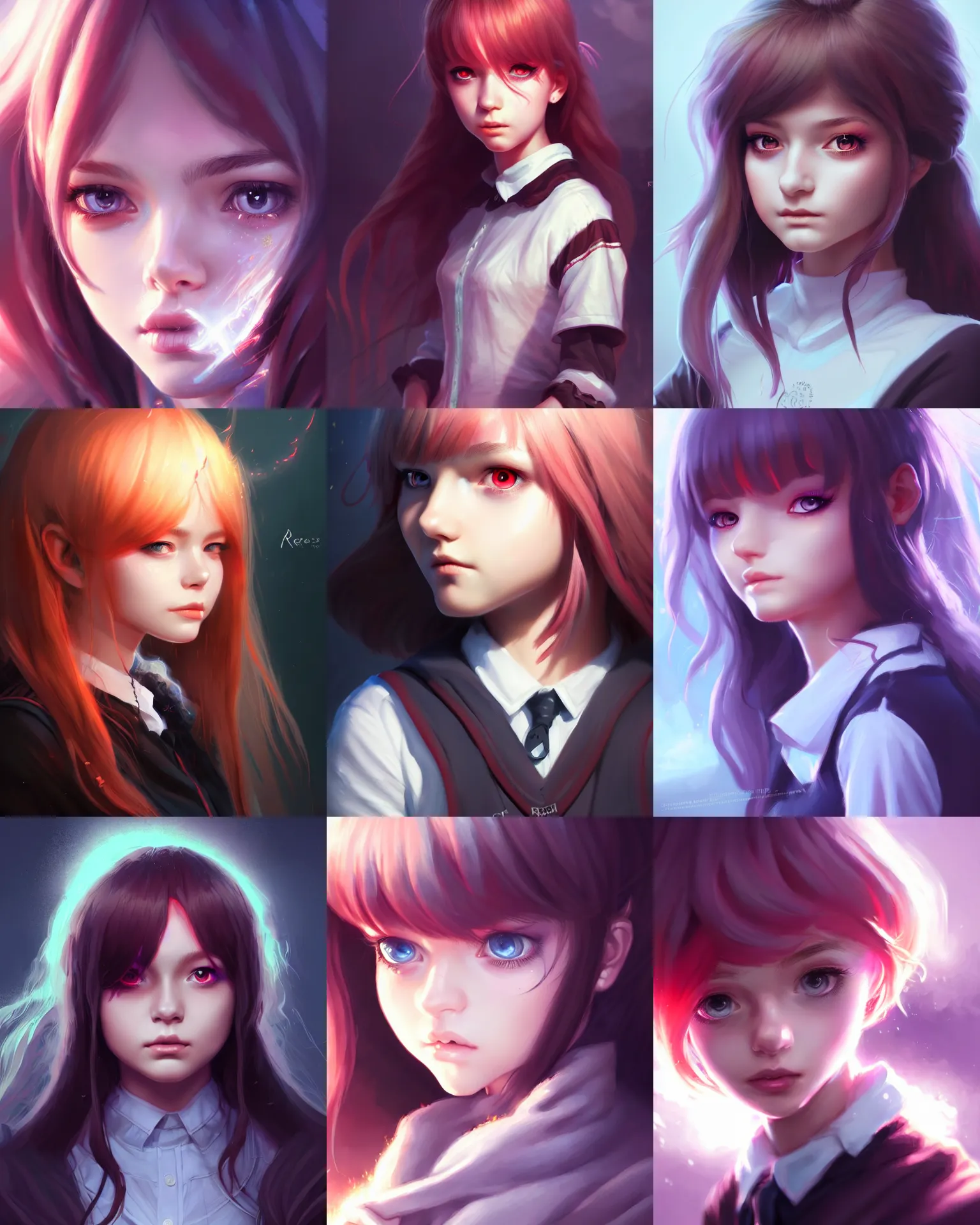 Prompt: close-up portrait, innocent young teen girl, dark magic school student uniform, cool hair, overflowing fire magic, highly detailed, digital painting, trending on artstation, pixiv, concept art, sharp focus, illustration, art by Ross Tran and WLOP