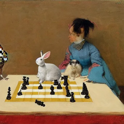 Image similar to a rabbit and a guinea pig playing chess, in the style of ilya repin