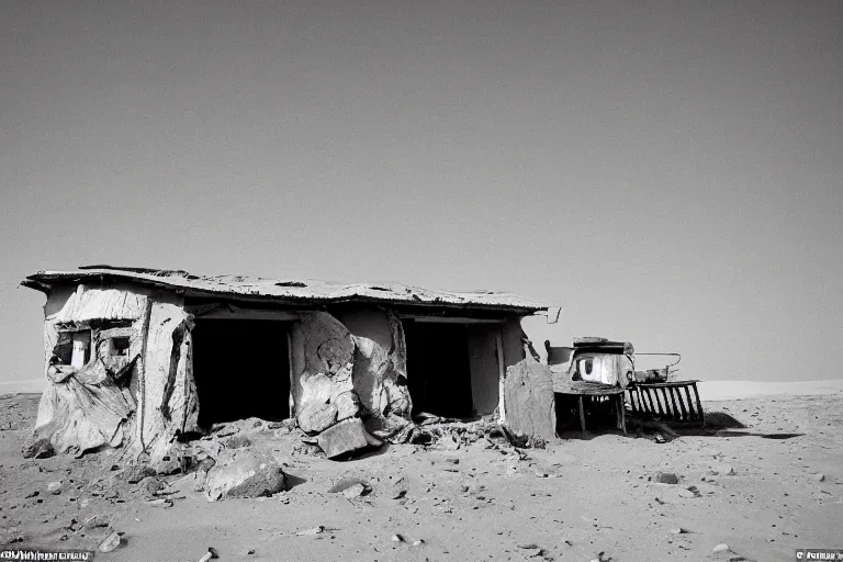 Image similar to an old rickety Soviet village house stands alone on Mars next to which a local resident stands and waves his hand, colourful