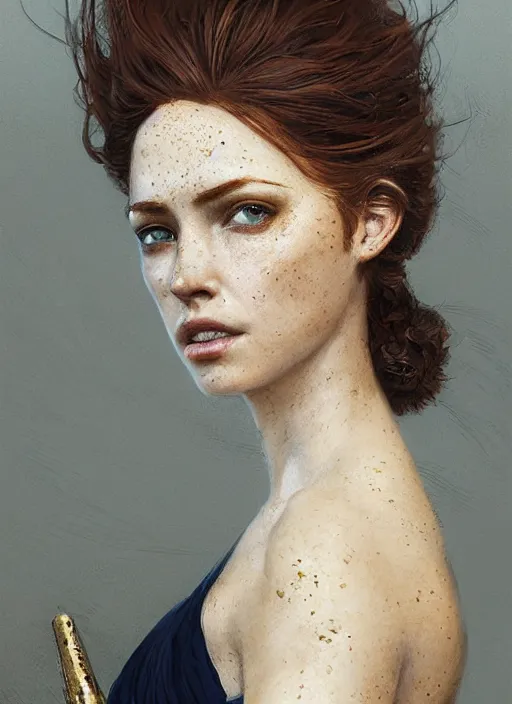 Prompt: portrait of a woman with green eyes and freckles, dressed in a navy blue gown with gold embroidered details, auburn hair, detailed face, fantasy, highly detailed, cinematic lighting, digital art painting by greg rutkowski