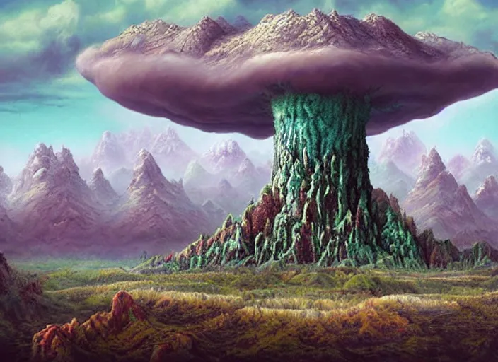 Image similar to a alien world with fungus mountains, cadmium trees, raining krypton, lowbrow, matte painting, 3 - d highly detailed, in the style of mark ryden,