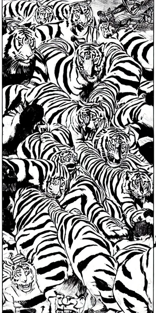 Prompt: man riding a chariot car being pulled by tigers drawn by Junji Ito.