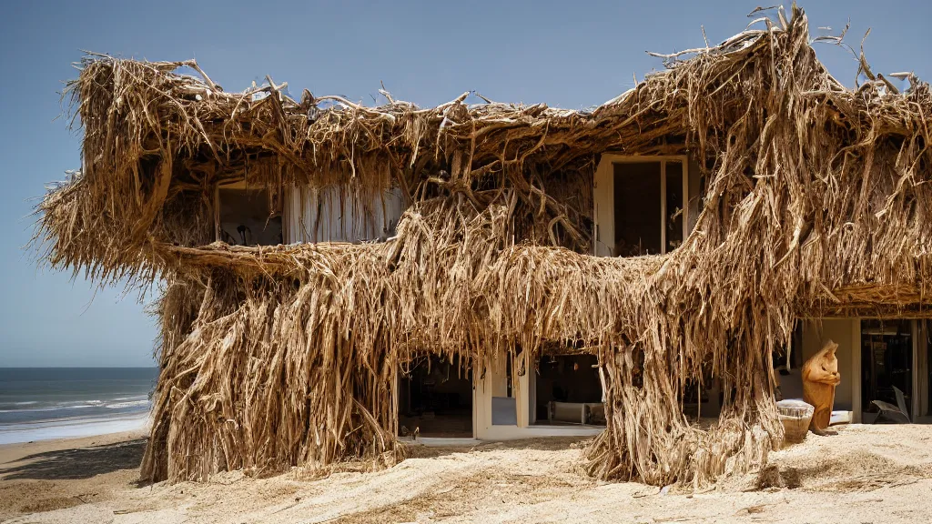Prompt: architectural photography of a house made of driftwood, natural and organic and flowing, on the coast, wide angle, shot from a low angle, great lighting, cinematic. inhabited by a family of anthropomorphic capybaras.