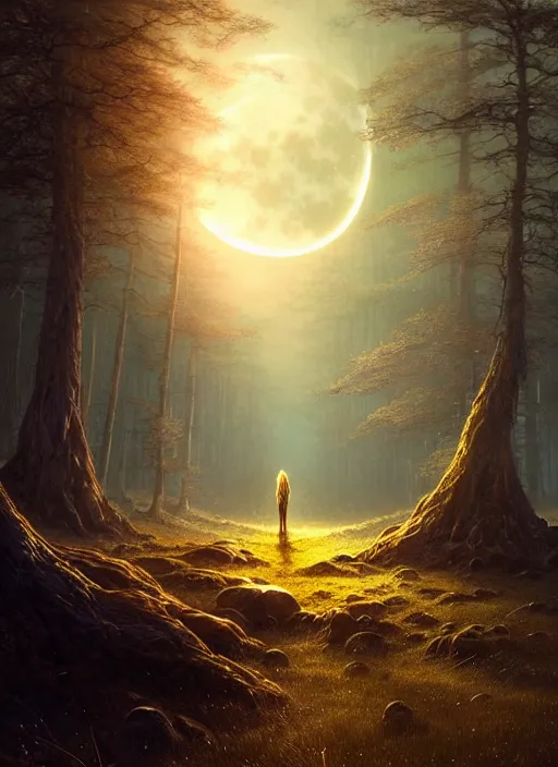 Image similar to fantasy book cover, full moon, fantasy forest landscape, golden elements, fantasy magic, no human, dark light night, intricate, elegant, sharp focus, illustration, highly detailed, digital painting, concept art, matte, art by WLOP and Artgerm and Greg Rutkowski and Albert Bierstadt, masterpiece