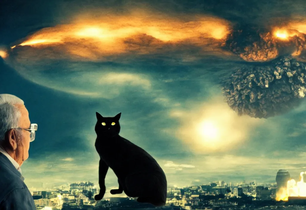 Prompt: old man with ( black cat ) watching nuke explosion cinematic, background blur bokeh, world ending nuke, 4 k