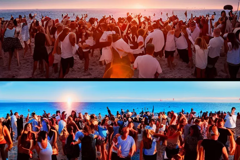 Image similar to everyone dancing at a party at the beach, drinking, food, bar, music, resort, praising the sun, golden hour, cinematic, atmospheric, 8k resolution, Hyperrealistic