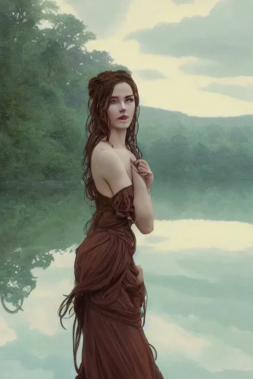 Prompt: portrait of a beautiful woman wearing a dress at a lake, looking at camera, d & d, nice outfit, long hair, intricate, elegant, stylish, realistic, extremely detailed, digital painting, artstation, concept art, smooth, sharp focus, illustration, ambient lighting, art by artgerm and greg rutkowski and alphonse mucha and simon stalenhag