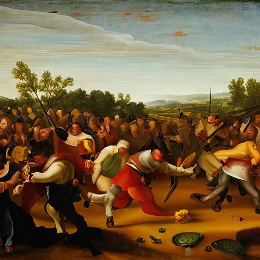 Prompt: a piece of corn dueling a jalapeno during a war in an a renaissance historical painting with it snowing cheese