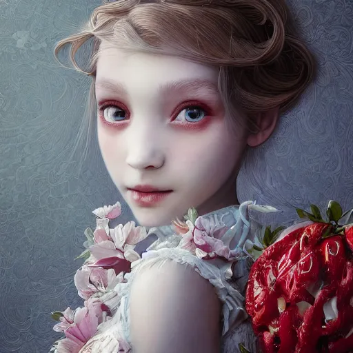 Image similar to the portrait of the absurdly beautiful, graceful, elegant, sophisticated, fashionable little girl made of strawberries and white petals looking down, an ultrafine hyperdetailed illustration by kim jung gi, irakli nadar, intricate linework, bright colors, octopath traveler, final fantasy, unreal engine 5 highly rendered, global illumination, radiant light, detailed and intricate environment