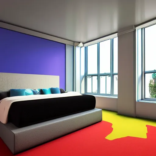 Image similar to an hd photo of a room with recursive geometry, a floating bed, windows to other worlds, bright colors