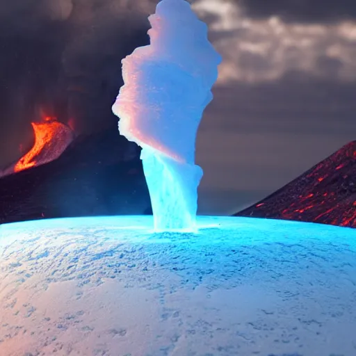 Prompt: a volcano fires ice instead of lava, heatwave, 4 k photoshop, photorealistic, 1 0 0 m, sharp focus, bokeh, movie shot, artstation, behance, deviantart, cinematic perspective, studio shot
