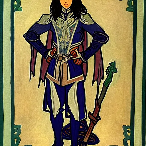 Prompt: painting of young handsome beautiful paladin elf!! man with long! wavy dark hair in his 2 0 s named taehyung minjun at the blueberry party, wearing armor!, long hair, elf ears, blue eyes, blueeyes, elegant, delicate, soft facial features, art, art by alphonse mucha, vincent van gogh, egon schiele,