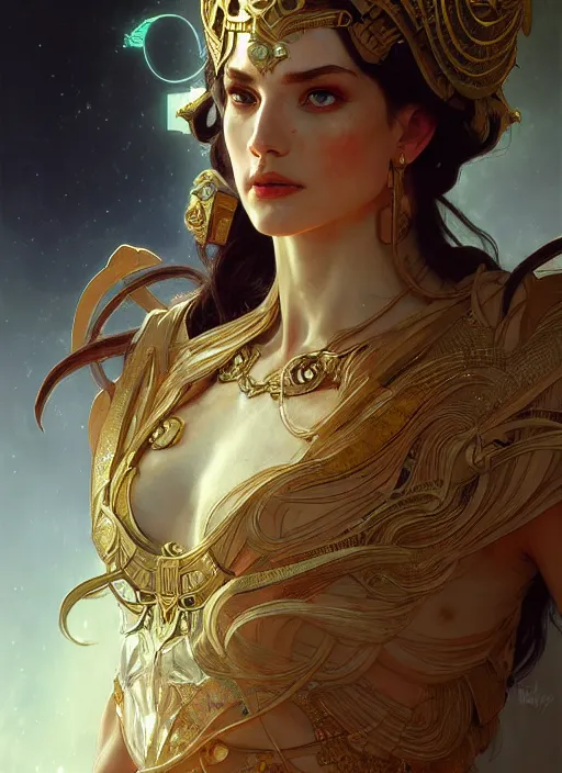 Image similar to ! dream the godess hera looking angry, paper armor, volumetric lights, dystopian,, intricate, elegant, highly detailed, digital painting, artstation, concept art, smooth, sharp focus, illustration, art by artgerm and greg rutkowski and alphonse mucha