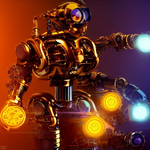 Prompt: a sitting golden and blue metal humanoid steampunk robots wearing and gears and tubes, head is bowed in sadness, eyes are glowing red lightbulbs, shiny crisp finish, 3 d render, 8 k, insaneley detailed, fluorescent colors