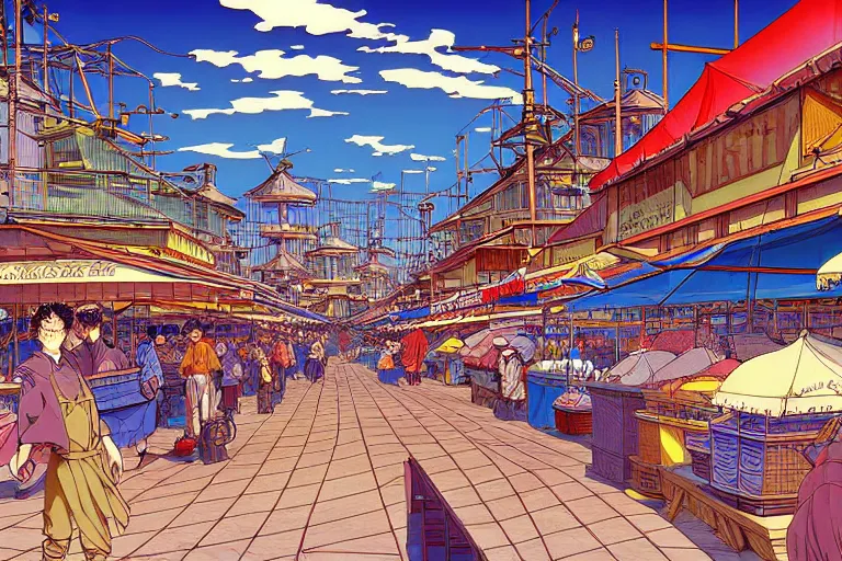 Image similar to cel-shaded study of a coastal city fish market a late renaissance city docks, key visual with intricate linework, in the style of moebius, ayami kojima, 90's anime, retro fantasy