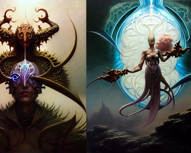 Image similar to the battle between good and evil, fantasy character portrait made of fractals facing each other, ultra realistic, wide angle, intricate details, the fifth element artifacts, highly detailed by peter mohrbacher, hajime sorayama, wayne barlowe, boris vallejo, aaron horkey, gaston bussiere, craig mullins