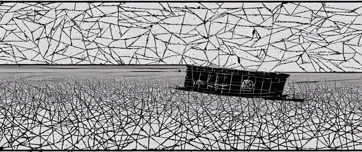 Image similar to a lone abandoned ship in the aral sea desert, in the style of daniel johnston and outsider art, 8 k, line brush, overlaid with chinese adverts