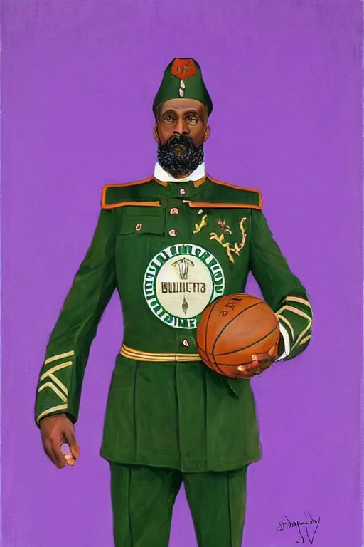 Image similar to full body portrait of the dictator of the milwaukee bucks, 1 8 8 9, in full military garb, purple, on canvas by william sidney mount, trending on artstation