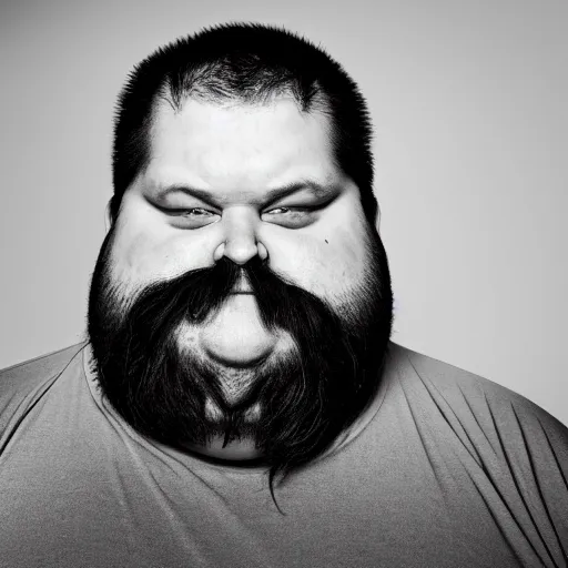 Prompt: an obese man with an extremely fat face and dark neck beard, long ponytail styled hair, confident looking, black and white photo, softbox studio lighting