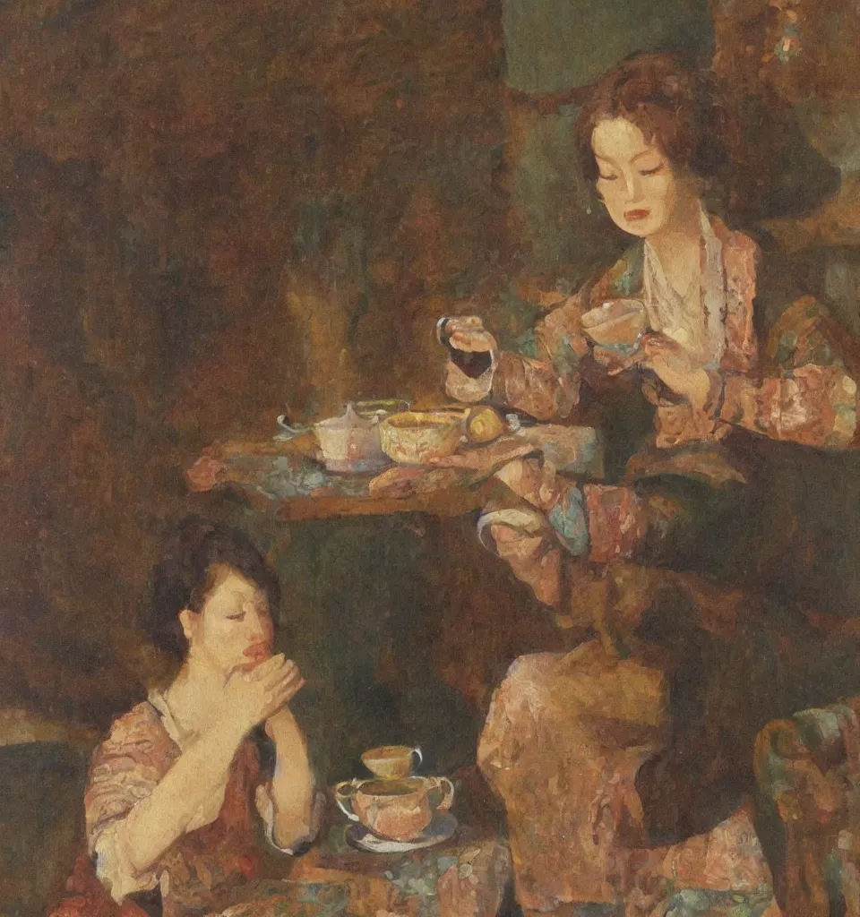 Image similar to rennaisance painting of a woman drinking tea, fine art