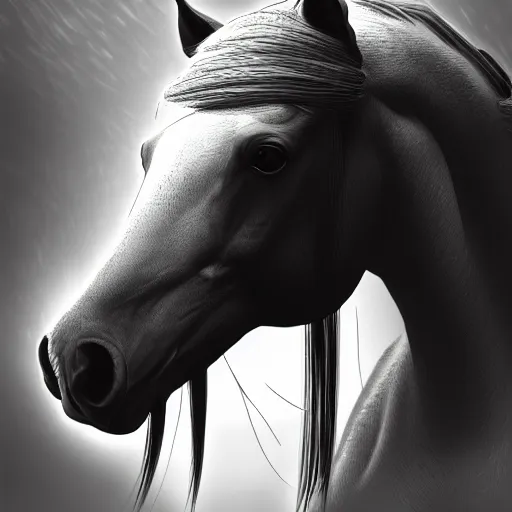 Prompt: close up portrait of horse head in a kitchen, by makoto shinkai and thomas kinkade, matte painting, line art, black and white, black lines on white background, trending on artstation and unreal engine