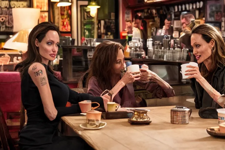 Image similar to Angelina Jolie, The Predator, best friends, drinking coffee at central perk, still photo, hyperrealistic, 35mm, 8k, by weta digital