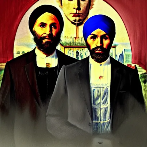 Image similar to Justin Trudeau beside Jagmeet Singh, pictured in the american gothic painting, concept art, sharp focus, highly detailed digital painting by Grant Wood, artstation