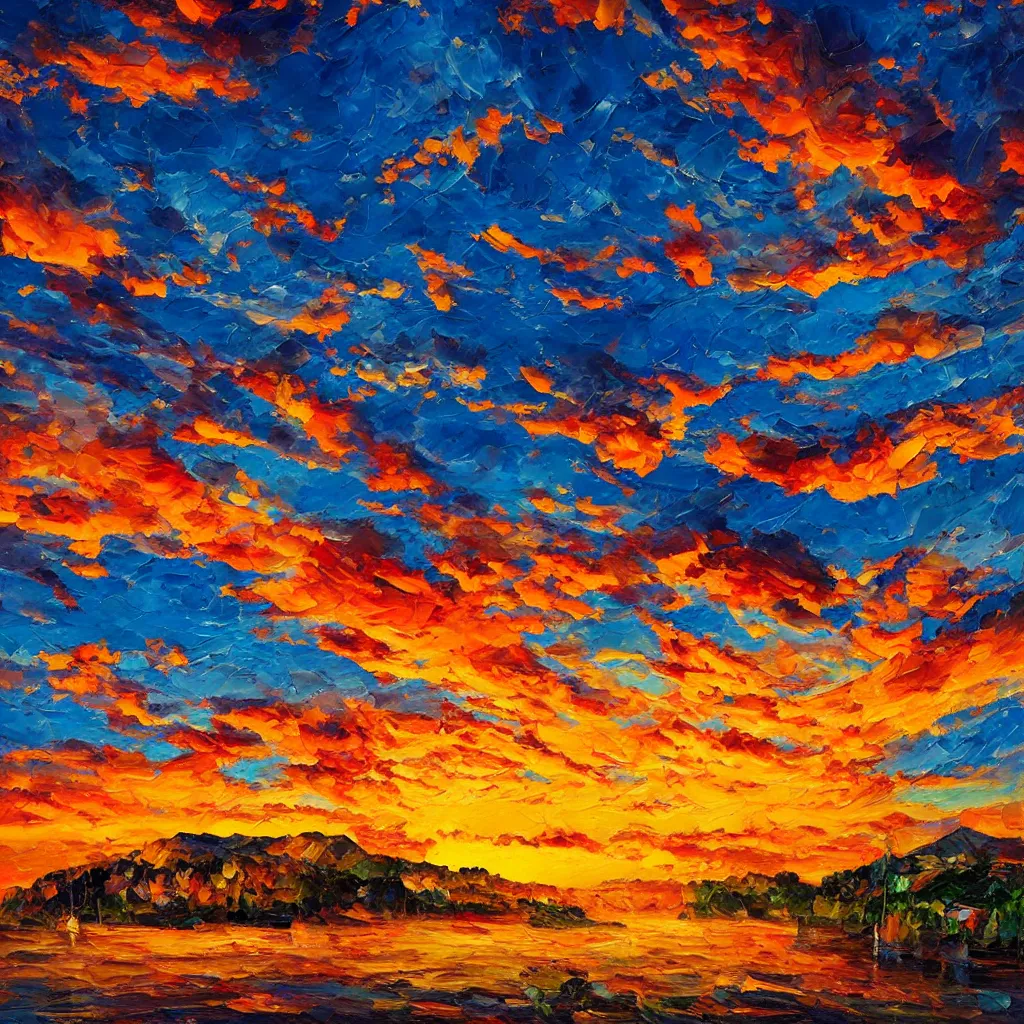 Prompt: an impasto oil painting of a stunning, colorful sunset over ratisbona painted by ken hong leung