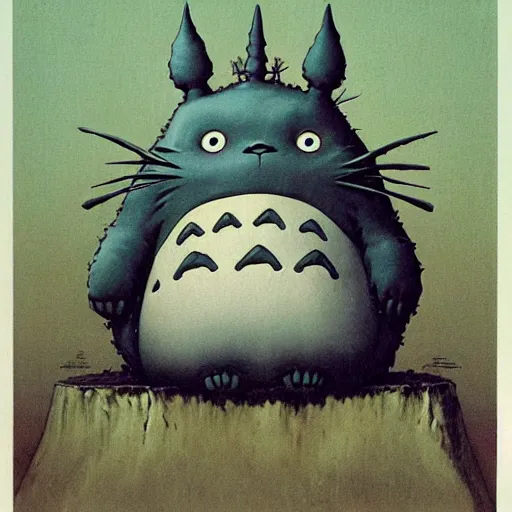 Image similar to Creepy Totoro full of blood, eating, Studio Ghiblo, Zdzisław Beksiński