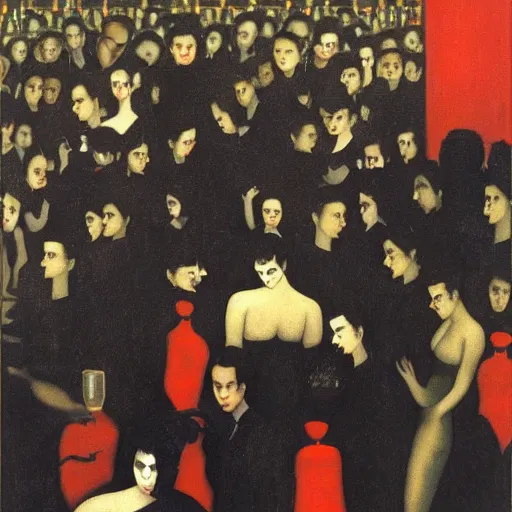 Prompt: a tiny dark black night club with a few red chinese lanterns, people's silhouettes close up, people dancing, surrealism, by romaine brooks