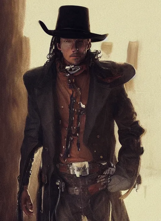 Image similar to a Photorealistic dramatic hyperrealistic render of a male cyborg dressed as a cowboy weaing a long black coat with a black cowboy hat, brilliant white eyes, short white hair,by WLOP,Artgerm,Greg Rutkowski,Alphonse Mucha, Beautiful dynamic dramatic dark moody lighting,shadows,cinematic atmosphere,Artstation,concept design art,Octane render,8K